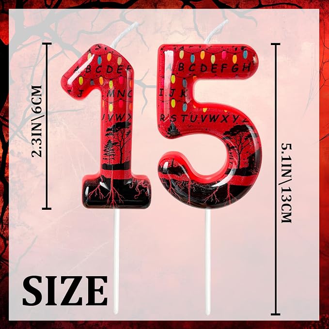 Red Number 15 Birthday Candle for Cake – Dark Horror Style with Alphabet Print & Shadow Design – Unique Cake Topper for Birthday, Anniversary, Themed Party Decoration