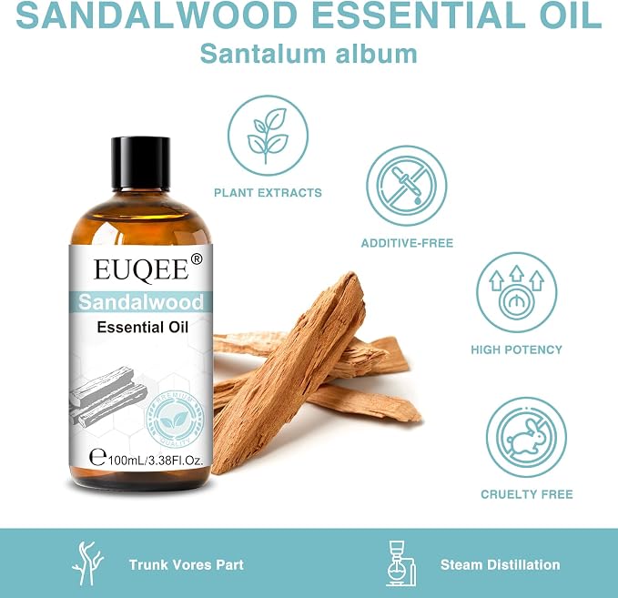EUQEE 100ml Sandalwood Essential Oil, Sandalwood Essential Oil for Diffuser, Massage, DIY Soap,Candle Making, Skin & Hair Care - 3.38 Fl Oz