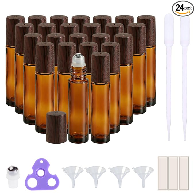 PrettyCare 24 Pack, 10 ml Essential Oil Roller Bottles with Stainless Steel Roller Ball - Refillable Leak-proof Empty Thick Amber Glass Roll on Bottles with Wooden Caps for Travel, Perfume