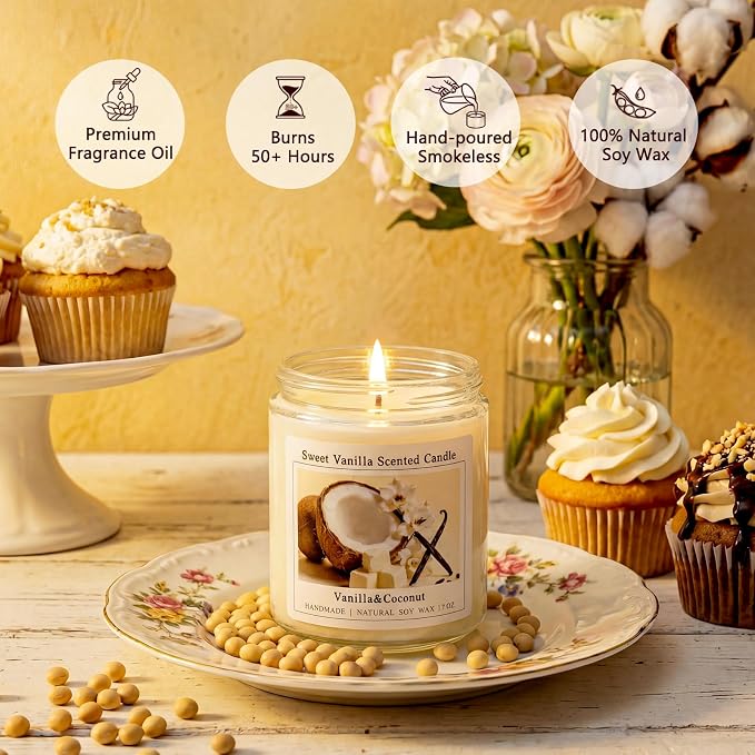 Homsolver Creamy Vanilla Coconut Scented Candle, Natural Soy Candles with 50+ Hours Burn Time, Anniversary Birthday Mothers Day Gifts for Women, Mom Wife, Warm&Soft Home Fragrance(Boutique Gifts Size)