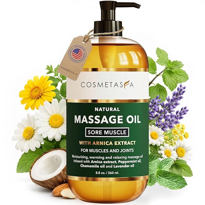 Cosmetasa Sore Muscle Massage Oil - 8.8 oz, Soothes Muscle and Joint with Arnica Extract, Peppermint, Chamomile, and Lavender Oil (8.8 oz, Sore Muscle)