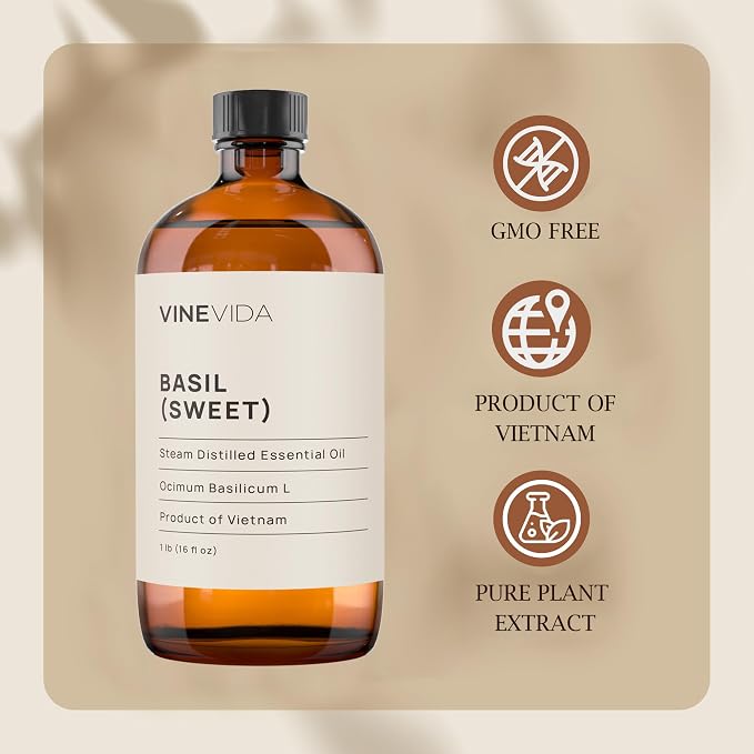 VINEVIDA Sweet Basil Essential Oil - 16 oz - Undiluted - DIY Candle Scents - Bulk for Soap Making & Skin Safe