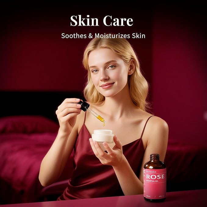 SU JUABA Rose Essential Oil 4 Fl Oz, Rose Oil for Face, Skin, Hair, Diffuser, Aromatherapy -118ml
