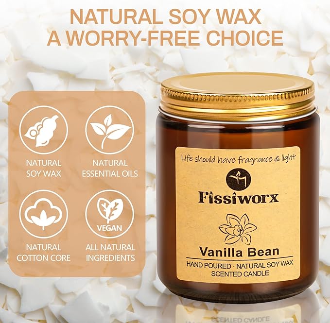 Fissiworx Vanilla Scented Candle Set 2 Pack, Candle for Home Scented, Odor Eliminating, Stress Relief, 15oz, 110 Hours Long Lasting Candles, Soy Candle Gift Set for Women