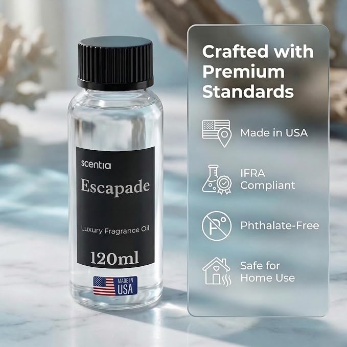 Scentia Escapade Diffuser Oil Refill – Hotel Fragrance Oil Inspired by Ri.tz Carlton – 120 mL – Jasmine, Bergamot & Marine Long-Lasting Scent for Ultrasonic & Waterless Diffusers, Made in USA