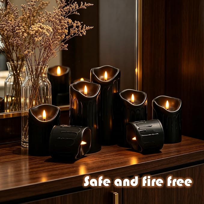 Nimiko Flameless Candles with Remote, Battery Operated Flickering Flameless Candles, LED Candles with Timer 2/4/6/8H, Realistic Drop Wax flameless Candle Set of 9 (D3 x H 3" 4" 5" 6" 7") (Black)