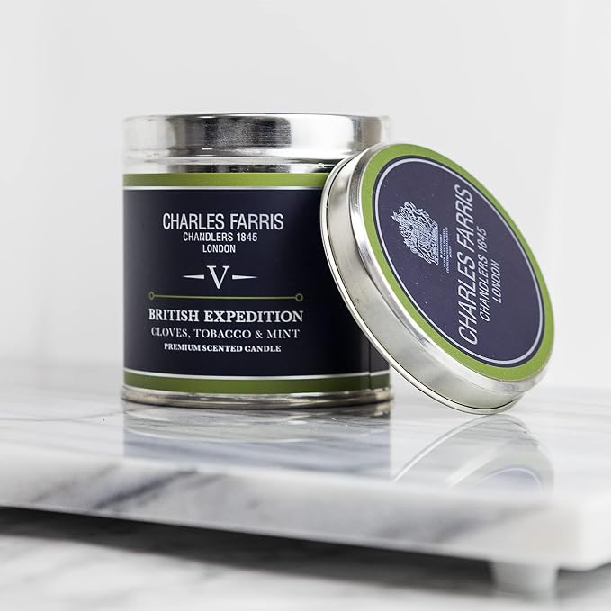Charles Farris Luxury Scented Candle – Tin, Hand-Poured, Long Lasting, Clean Burning, 300g / 10.5oz, Burns for up to 40 Hours, Made in England – Cloves, Tobacco & Mint Tea – British Expedition