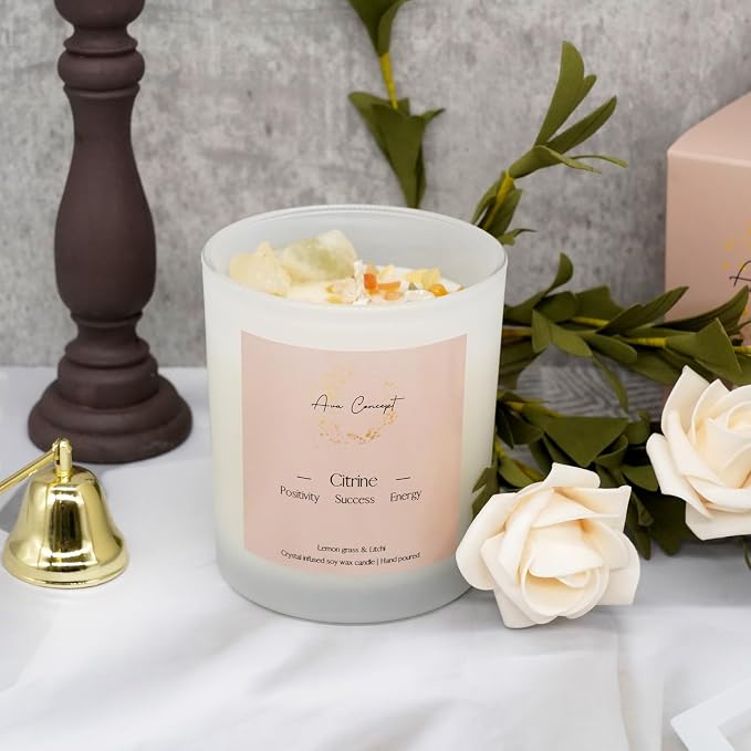 Citrine Crystal Candle – 10oz / 280g | Lemongrass & Litchi Aromatherapy | Hand-Poured Soy Wax | Genuine Citrine Healing Crystals Embedded | Positivity, Success & Energy | Gift Box Included
