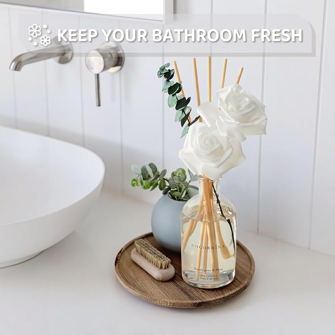 COCORRÍNA Reed Diffuser - Eucalyptus & Moss Scent, 6.76 fl oz Essential Oil with 8 Reed Sticks - Home Fragrance for Bedroom Bathroom Shelf Décor