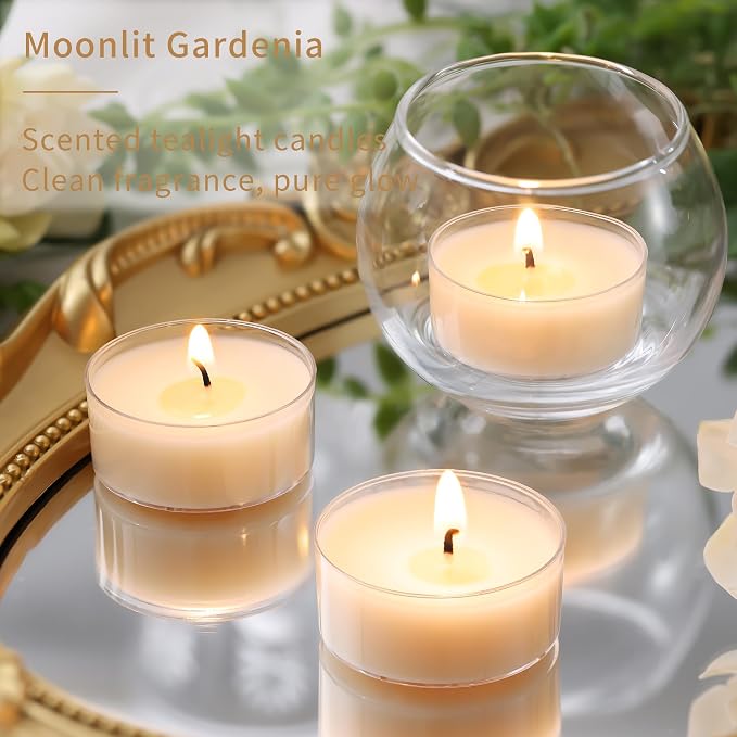 DEVI Moonlit Gardenia Scented Tea Lights Candles 12 Pack, 3.5-4 Hours Natural Palm Tea Candles Bulk for Home Scented, Highly Scented Small Votives with Essential Oils for Home Aromatherapy, Gifts