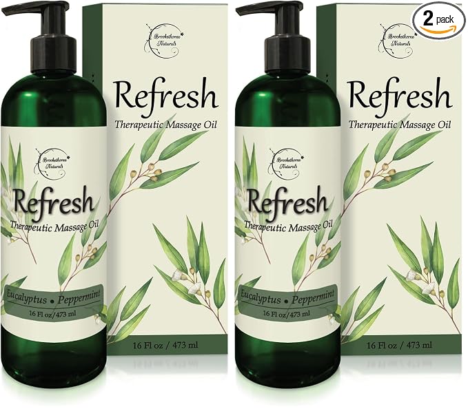 Refresh Massage Oil for Massage Therapy with Eucalyptus & Peppermint Essential Oils - All Natural, Great for Sore Muscles. Ideal for Full Body Relaxation – Nut Free Formula 16oz (Pack of 2)