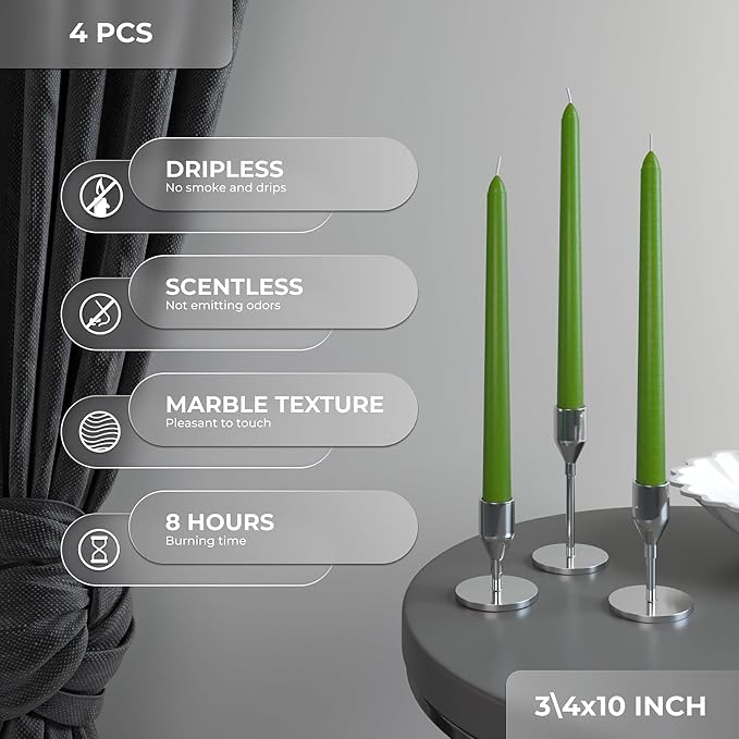CANDWAX 10 inch Taper Candles - Set of 4 - Dripless, Unscented and Smokeless - Green Tapered Candle Sticks - Perfect for Dinner - Grass Green Candles
