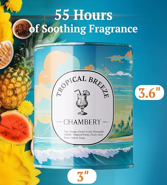 Tropical Breeze Candle 9.17oz | Serene British Virgin Islands Scene in Premium Tin | Lively Fruity Fragrance for Summer | Soy Wax with Lead-Free Cotton Wick | 55-Hour Burn