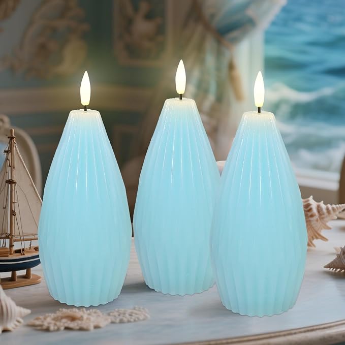 Blue Ribbed Flameless Candles with Remote Flickering Realistic Battery Powered LED Real Wax Decorative Candle Geometric Aesthetic Modern Ocean Decor for Home Table Fireplace, 3 Pack