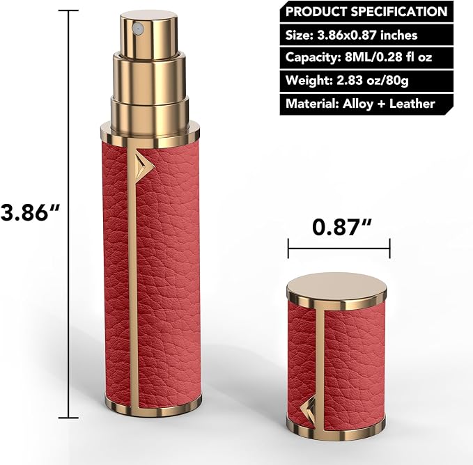 8ML Travel Perfume Refillable Atomizer, Mini Genuine Leather Cologne Sprayer, Protable Pocket Size Empty Fragrance Spray Bottle (Red)