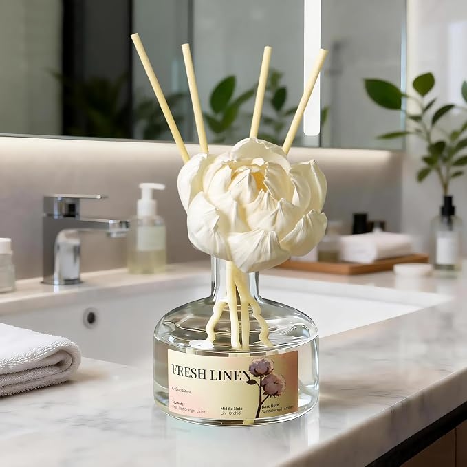8.45 oz Fresh Linen Scent Diffusers with 6 Reed Sticks,250ml Reed Diffuser for Bathroom Room Air Freshener, Last up for 50 Days