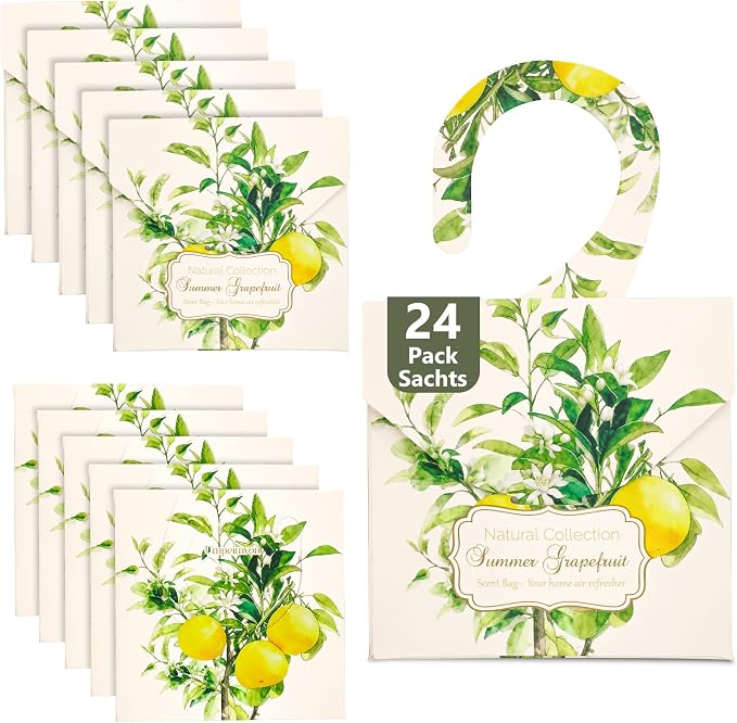24 Pack Grapefruit Sachets for Drawers and Closets, Fresh Scents Sachet Packets Vibrant Closet freshener and Drawer Deodorizers, with 10 Reusable Hanging Bags