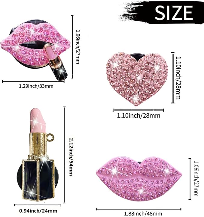 Pink Lips Air Vent Clips, 4 Pcs Sexy Lips Kiss Heart Shape Car Air Fresheners for Women Charms Rhinestone Diffuser Vent Clip Cute Car Decor Bling Car Accessories for Women