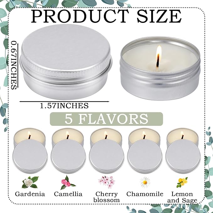 MTLEE 50 Pcs Wedding Scented Candles Gift Travel Tin Candle Aromatherapy Candle for Christmas Winter Baby Shower Favors Wedding Gifts(Gardenia,Camellia,Chamomile,Lemon & Sage,Cherry Blossom)