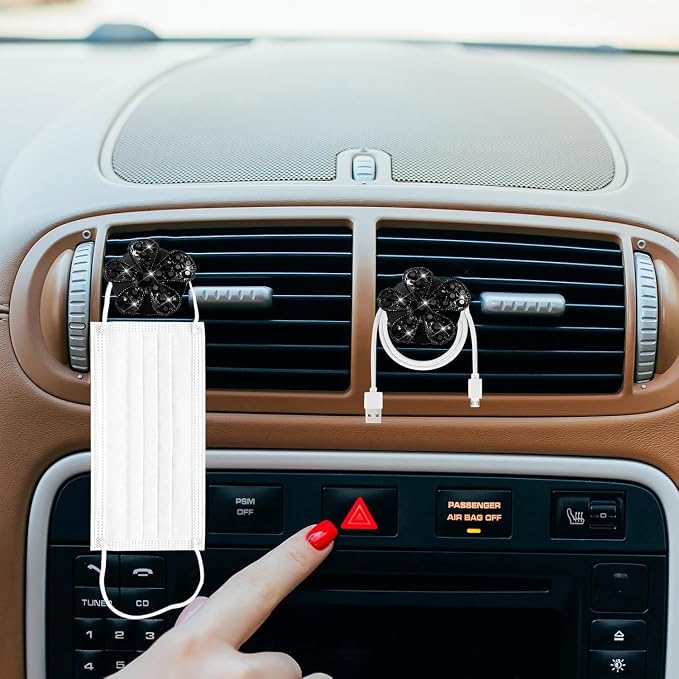 Daisy Air Vent Clips, 3 Pcs Cute Flower Crystal Rhinestone Car Air Conditioning Outlet Clip Vehicle Air Freshener Clip Charm Car Inter Decor Accessories for Women (Black, 1.6inch)