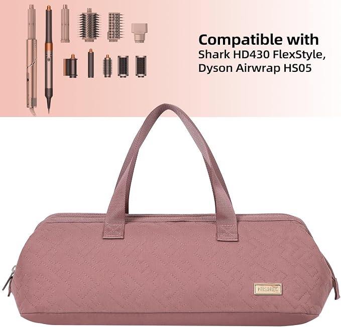 NISHEL Hair Tools Travel Carrying Bag, Portable Hair Air Wrap Dryer Case, Hair Dryer/Curling Iron/Airstraight Attachment Organizer, Rosewood-Pink