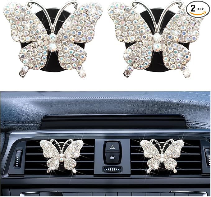 Bittwee 2PCS Bling Butterfly Car Freshener Air Vent Clips, Sparkling Crystal Rhinestone Auto Diffuser Clamps, Full Diamond Vehicle Interior Decoration Charm for Women Girls, Universal Fit（AB）