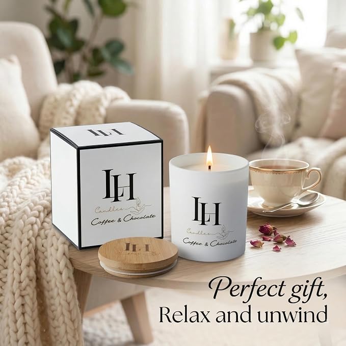 LH Coffee Chocolate Scented Candle 10.6 oz – Highly Scented Soy Candle Natural Non-Toxic Candles for Home Relaxing Stress Relief Gift for Women Strong Coffee and Chocolate Aroma