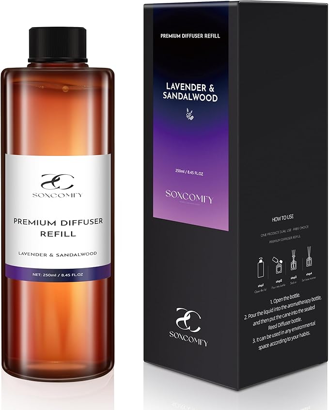 Diffuser Oil Refill, 250ml / 8.45 fl oz, Lavender & Sandalwood - Reed & Aromatherapy Diffuser Oil, Long-Lasting Home Fragrance, Sweet Orange & Cedarwood Notes