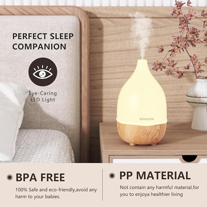 Essential Oil Diffuser, 200ml Small Aromatherapy Diffuser with 7 Color LED Lights Quiet Waterless Auto Shuts-off，Air Humidifier Aroma Diffuser，Ultrasonic Diffusers for Essential Oils for Office Home
