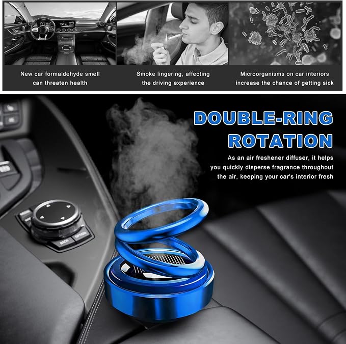 Solar Rotating Car Air Freshener, Solar Energy Refillable Car Dashboard Aromatherapy Ornament, Double Ring Fragrance Diffuser Decorative Accessories for Vehicle Home Office (Blue)