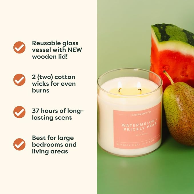 Calyan Wax Co. Watermelon & Prickly Pear 2 Wick Scented Candle - 37 Hour Burn - Luxury Clean Soy Wax Candles - Long Lasting Large Glass Jar Candle for Home - 8.8oz