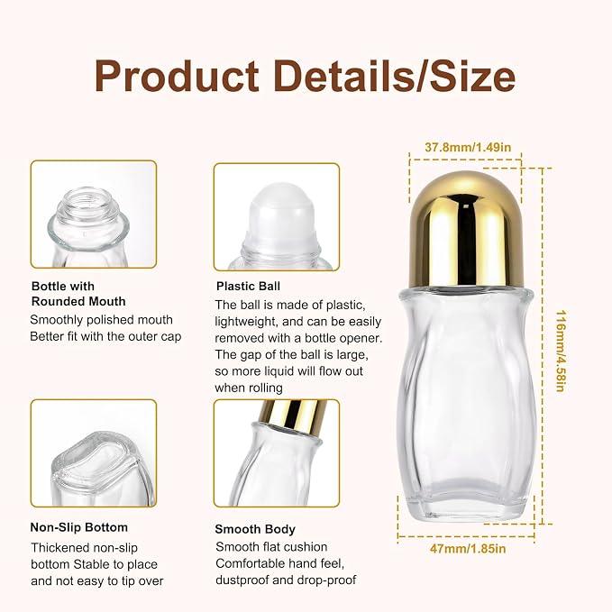 3-Pack 50ml Glass Deodorant Roller Bottles, Refillable Roll-On Bottles for Essential Oils, Perfume, Aromatherapy, Empty Travel-Size Rollerball Applicator Containers