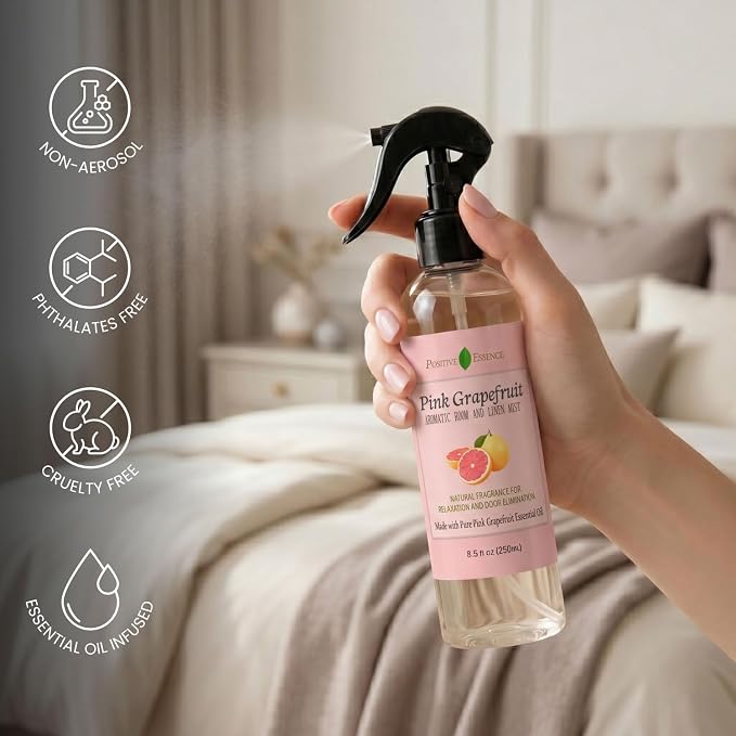 Pink Grapefruit Linen and Room Spray – Natural Air Freshener with Pure Essential Oil, Fresh Citrus Pillow Spray, Bathroom Odor Eliminator, Fabric and Home Fragrance – 8.5 fl oz