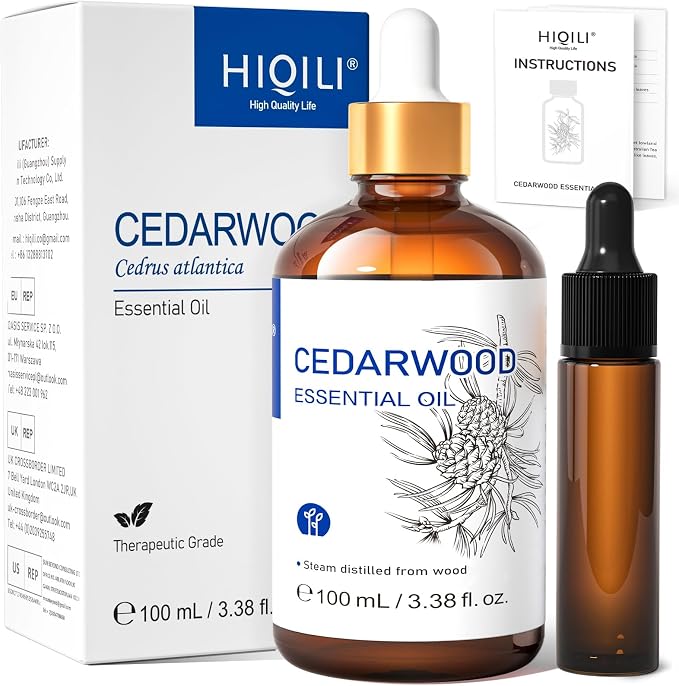 HIQILI Cedarwood Essential Oil (3.38 Fl Oz), Premium Glass Dropper, for Hair & Skin Care, Soap Making, Add to Diffusers, Sprays