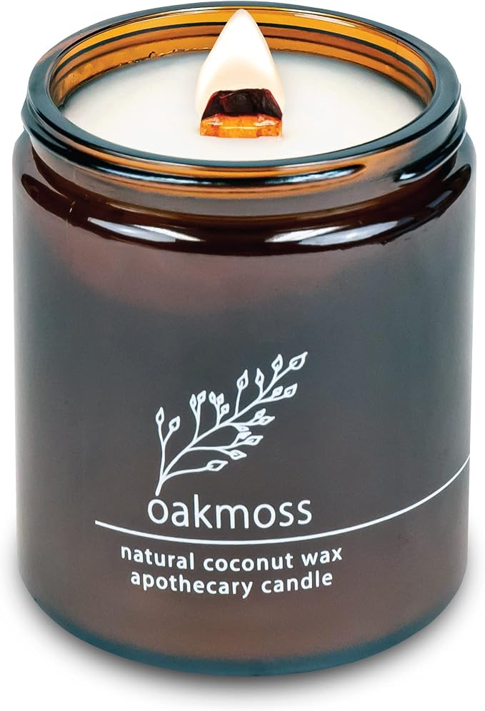 Hemlock Park Oakmoss Apothecary Scented Candle | Crackling Wood Wick, Botanical Fragrance & Coconut Apricot Wax | Up to 60 Hour Burn Time | 8 oz | Made in USA