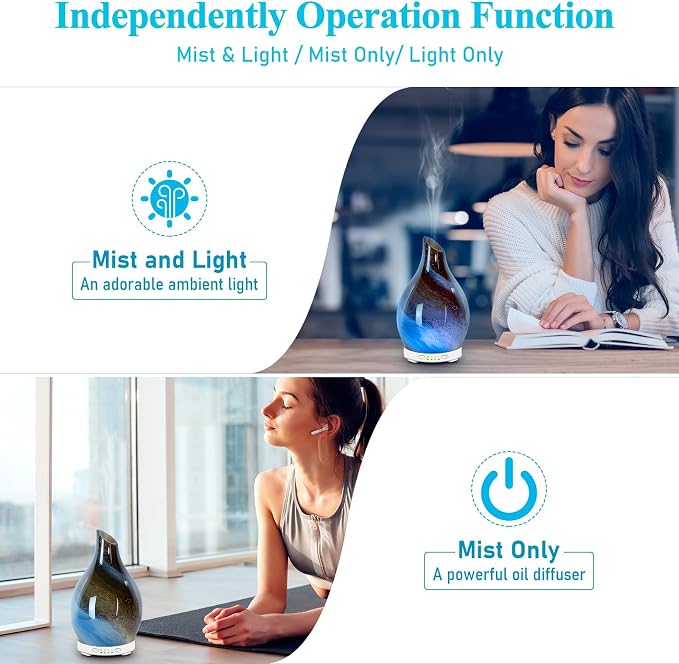Essential Oil Diffuser 150ML Glass Aromatherapy Diffuser with 4 Timer Settings & 7 Color Changing Lights, Auto Shut-Off, Ultra Quiet Oil Diffuser for Home, Office, Yoga, Spa