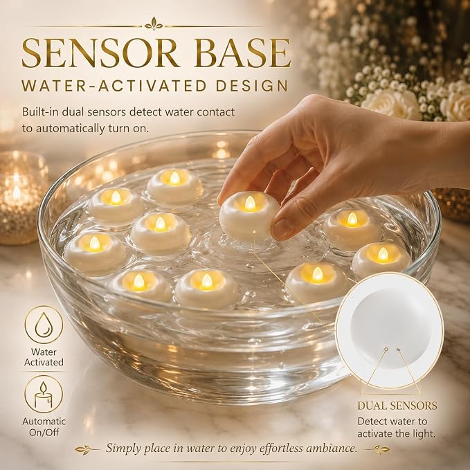 12 Pack 2.3” Flameless LED Floating Candles, Water-Activated Battery Operated Floating Candle with180+ Hours Runtime for Cylindrical Vase, Pool, Fountain - Ideal for Wedding, Party Decoration
