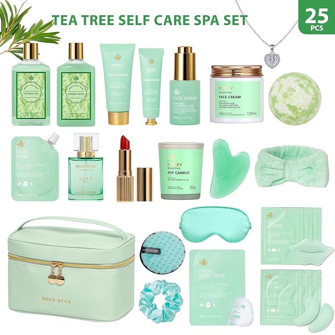 Mother's Day Gift, 25 Pcs Bath & Body Gift Basket Set for Women, Tea Tree Skin Care Set, Home Spa Gift Basket, Cosmetic Bag, Necklace, Christmas, Birthday, Anniversary, Wife, Mom