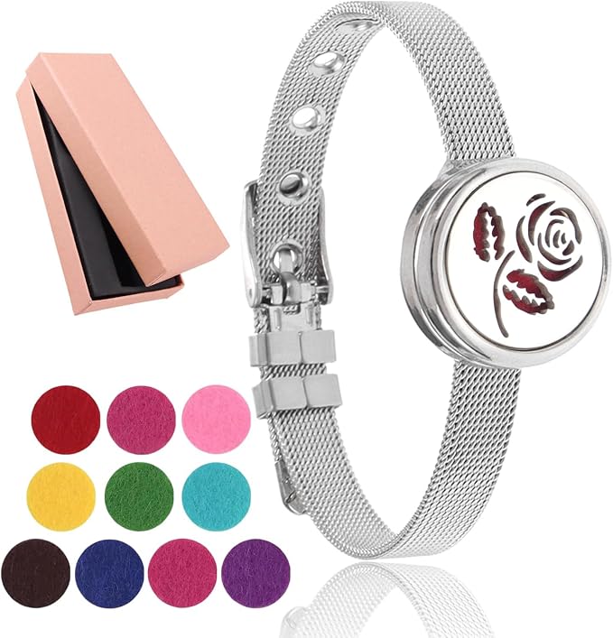Essential Oil Diffuser Bracelet with Gift Box Aromatherapy Locket Adjustable Stainless Steel Rose Watch Chain Bracelet with 10 Pcs Refill Pads for Women