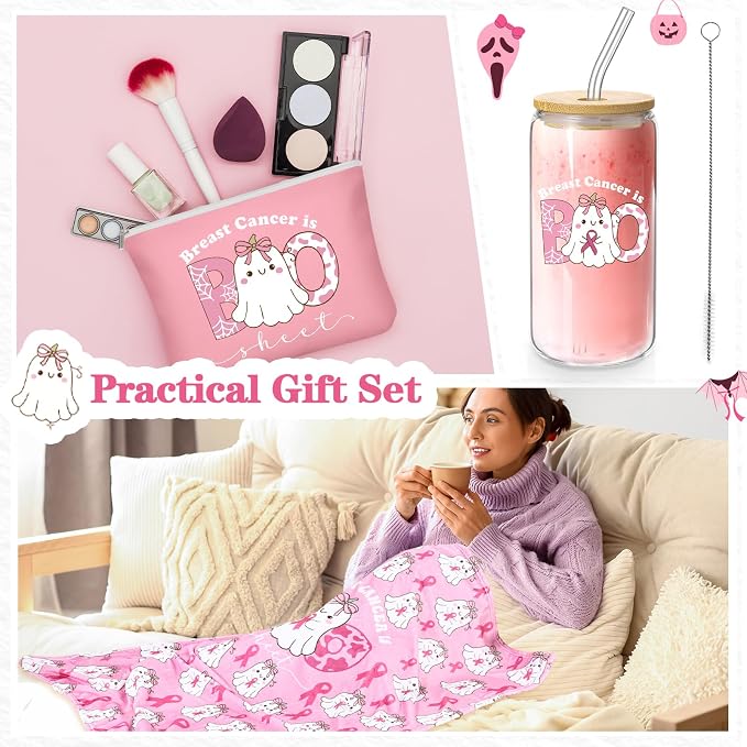 Roshtia 7 Pcs Breast Cancer Theme Jelly Basket for Women Throw Blanket Glass Mug Candle Jar Makeup Bag Plastic Handbag with Pen Card Gift for Breast Cancer Survivor