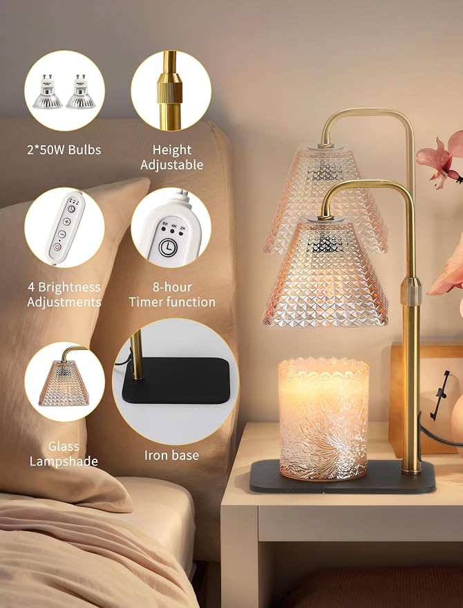 Candle Warmer Lamp with Timer & Dimmer, 2 Bulbs, Height Adjustable, Fit All Size Jar Scented Candles, Safe Aromatherapy Light for Sleep, Work, Yoga, Bedroom, Office, Gift (Champagne Pyramid)