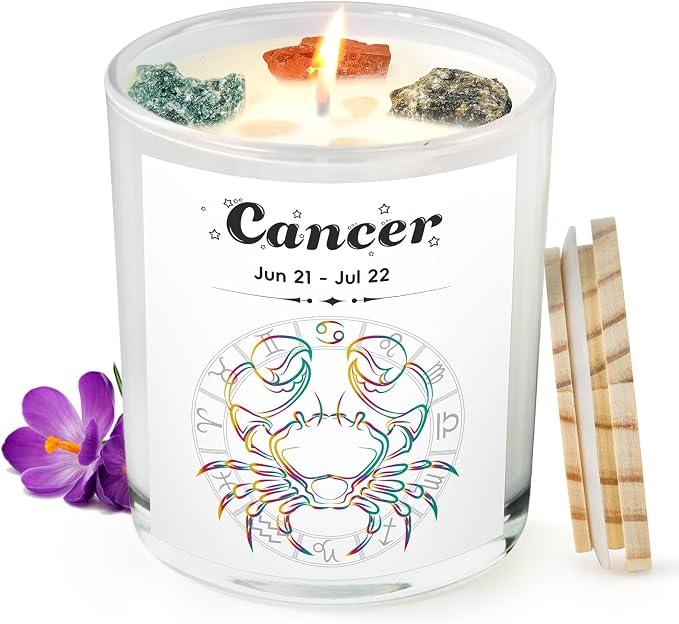 Cancer Gifts for Women, Zodiac Cancer Candle with Healing Crystals, Astrology Birthday Gifts for Women, Mom, Sister, Friends, Meditation, Yoga, Relaxation (7oz)