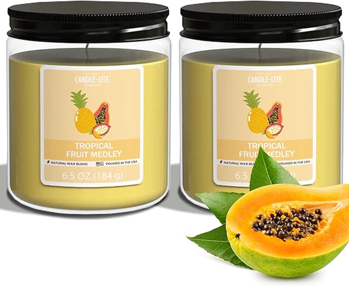 Candle-Lite 2 Pack Scented Candles, Tropical Fruit Medley, 6.5 oz Jar, Proudly Poured in The USA, Aromatherapy Candle Set, Single-Wick with 40 Hours of Burn Time, Ideal Gift for Men and Women
