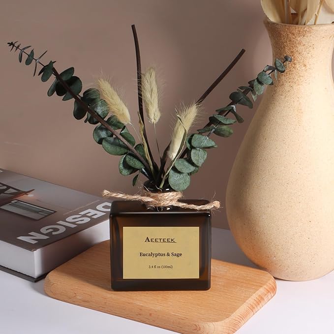 Reed Diffuser, Sage & Eucalyptus Essential Oil Diffuser for Bathroom, 3.4 oz Scented Diffusers, Long-Lasting Fragrance for Home Decor with Dried Flowers