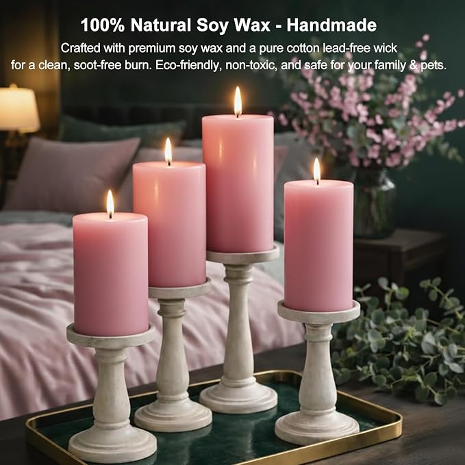 Pink Rose Scented Pillar Candles Set of 3, Soy Candles for Mother's Day,105 Hours Aromatherapy Candle Clean Burning for Bathroom Living Room,2x4 inch