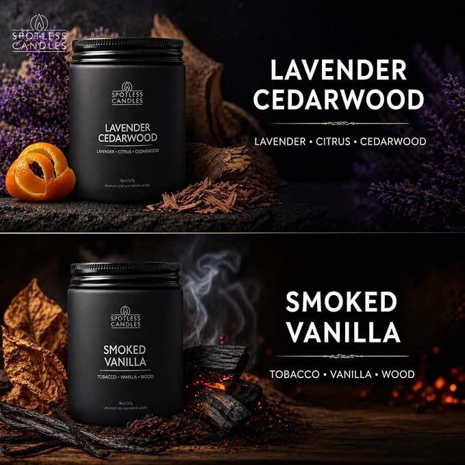 Mens Candle 2 x 8oz Pack Smoked Vanilla and Lavender Cedarwood Scents