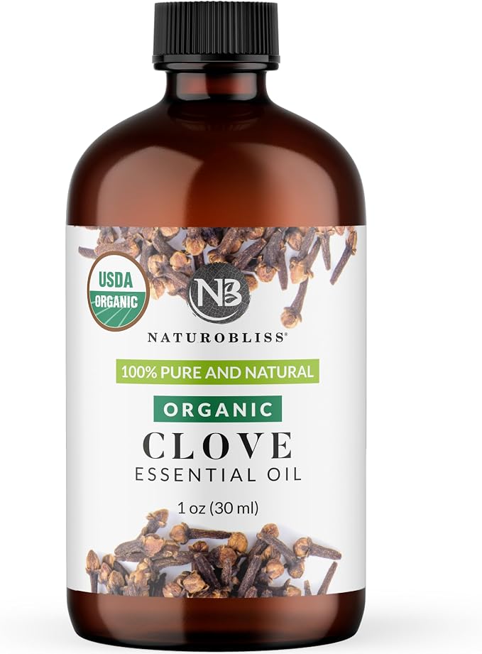 NaturoBliss Organic Clove Essential Oil 1 oz – 100% Pure, Natural, Undiluted for Toothache, Sore Muscles, Skin & Hair Care - Soothing Clove Bud Oil for Aromatherapy, Warm Spicy Aroma