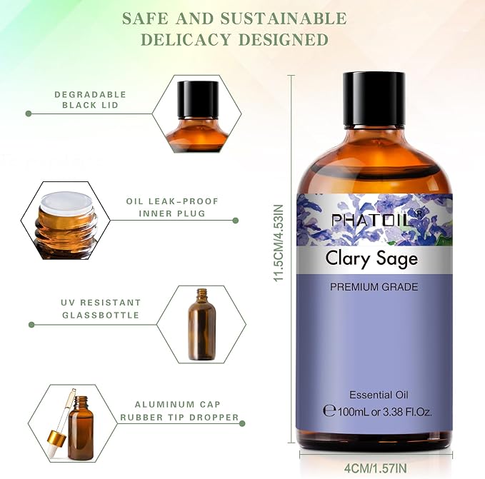 PHATOIL 3.38FL.OZ Clary Sage Essential Oil for Aromatherapy Diffusers with Glass Dropper, Humidifiers, Great for DIY Candle and Soap Making, Huge 100ML Bottle