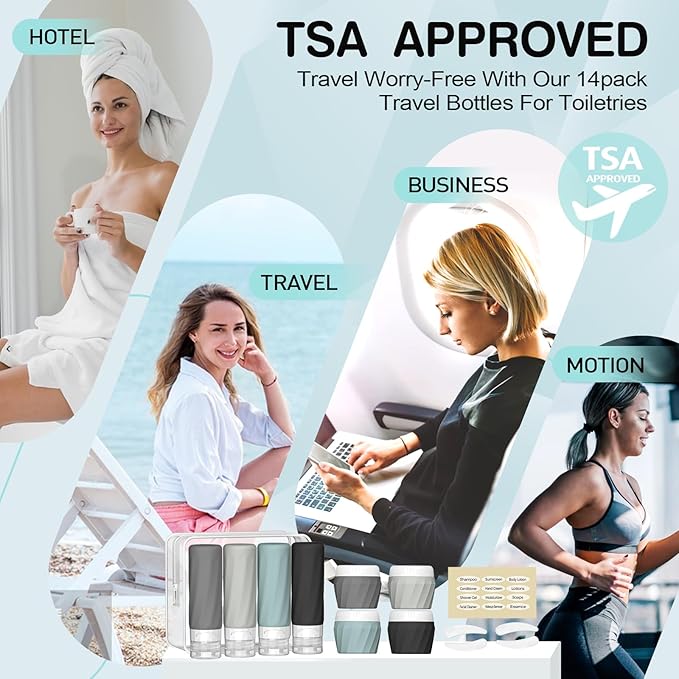 Silevoler 14pack Travel Bottles for Toiletries, TSA Approved Travel Size Toiletries Containers Set, Premium Silicone Leak Proof Refillable Squeezable & Creams jars Accessories Kit W/Clear Bag (Gray)