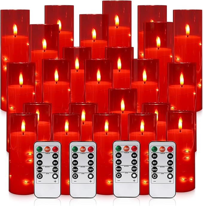 24-Pack Flameless LED Candles with Star String Lights - Red Acrylic Pillar, Realistic Flickering, Remote Control & Timer for Home Decor, Wedding, Christmas